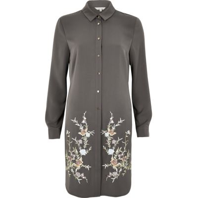 Charcoal grey embroidered longline shirt